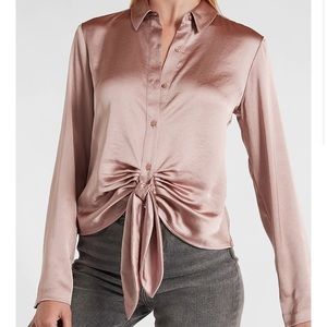 Express Satin Tie Front Portofino Shirt in Blushing Mauve Size XS